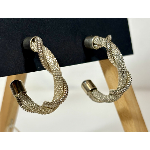 Silver Tone Open Mesh Earrings Twist Hoop 1.5" Earrings Chain Vintage Retro - Picture 2 of 8